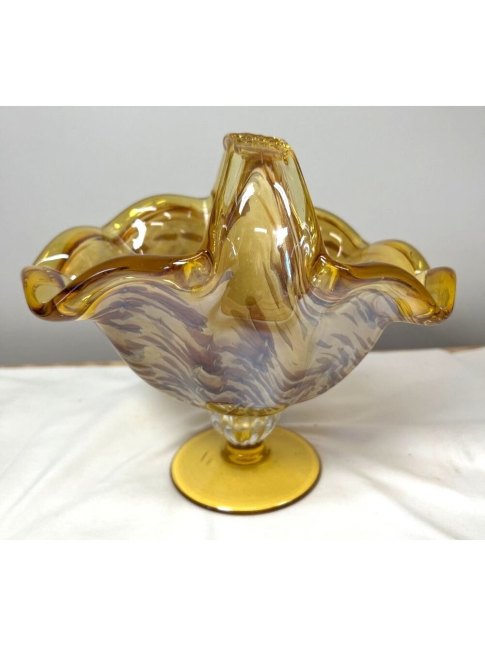 Italian Glass Bowl Basket Tortoise Shell Amber White Crystal